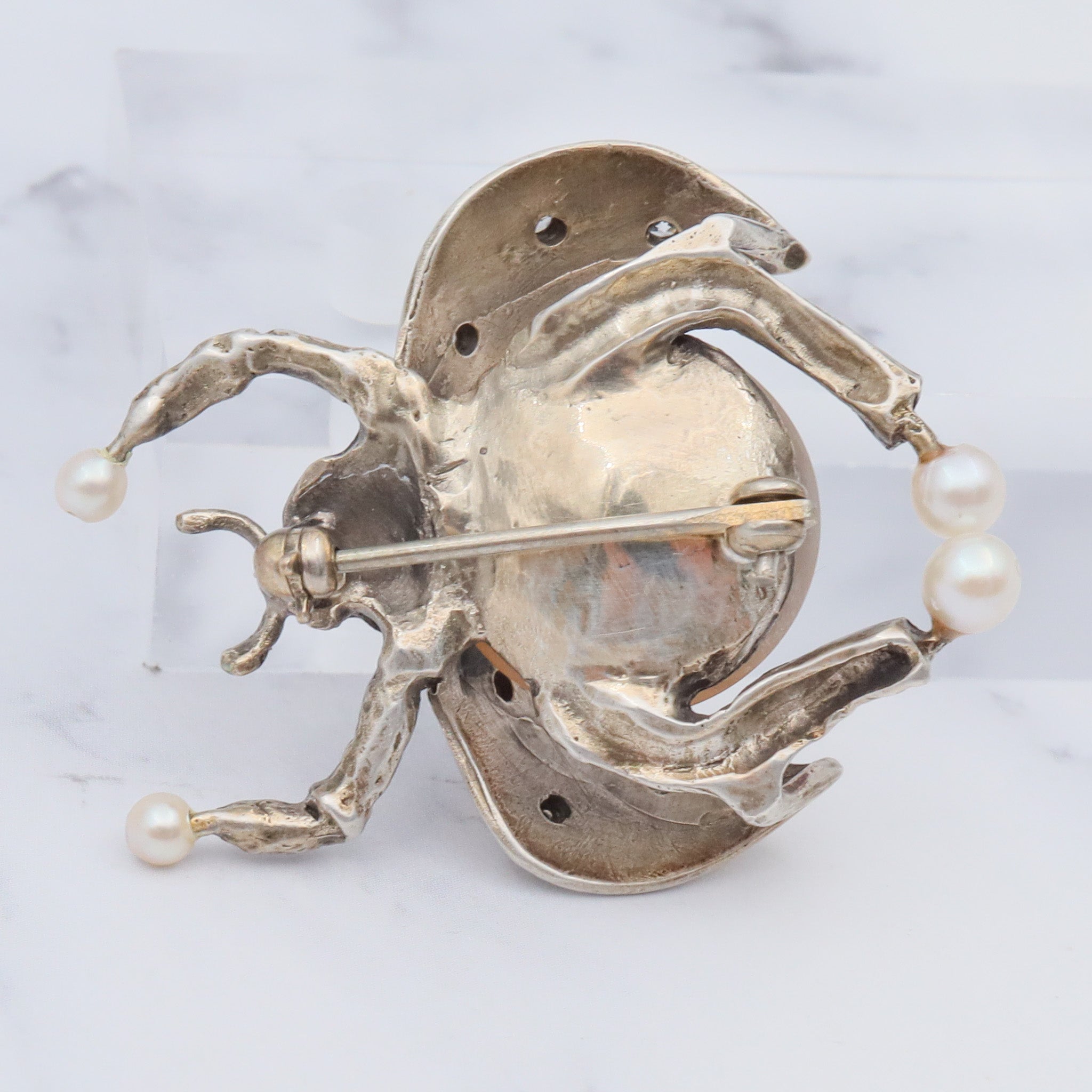 Vintage handmade gilt sterling brooch with mabe pearl & cubic zirconia